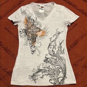 Harley-Davidson Women's White and Orange V-Neck Tee
